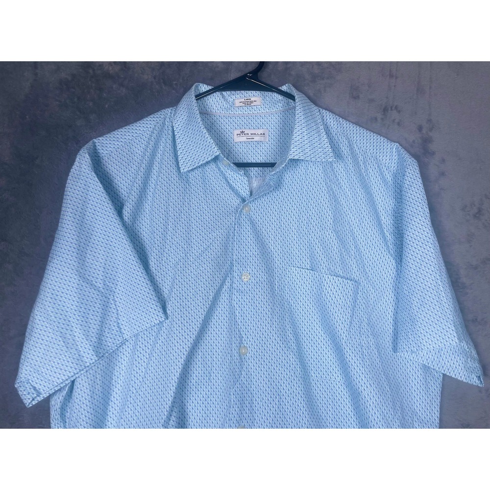 Peter Millar Seaside Mens Large Blue Silk Blend Sailboat Short Sleeve Shirt